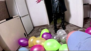 Strict Leather Balloon Punishment. Balloon Popping, Deepthroat, Doggy and Cum Play