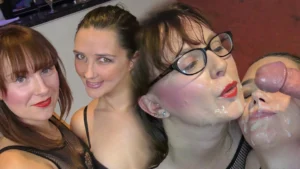 Eager cock sucking and deepthroating brunette duo