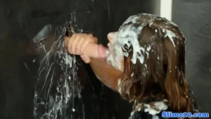 Euro brunette beauty sucks gloryhole and gets sperm showered